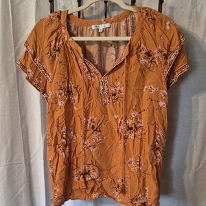DR2 Rust Orange Floral Split V-Neck Peasant Blouse